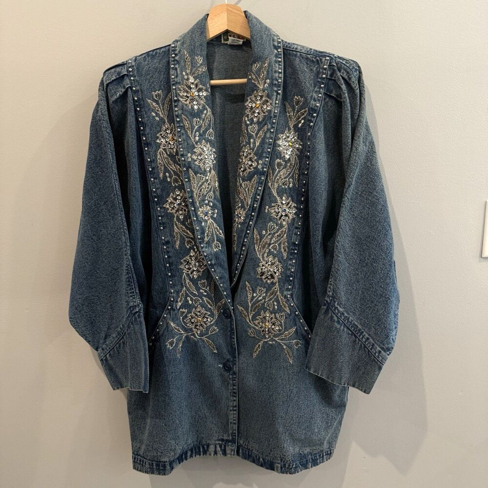 Vtg Denim Jacket 80s 90s XL Rhinestones Studs Embroidered Boho Southwestern Chic